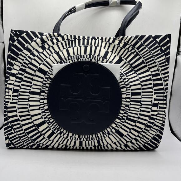 Tory Burch Handbags - Tory Burch Ella Printed Tote Bag Navy Blue Beige Circles Gingham Nylon Leather